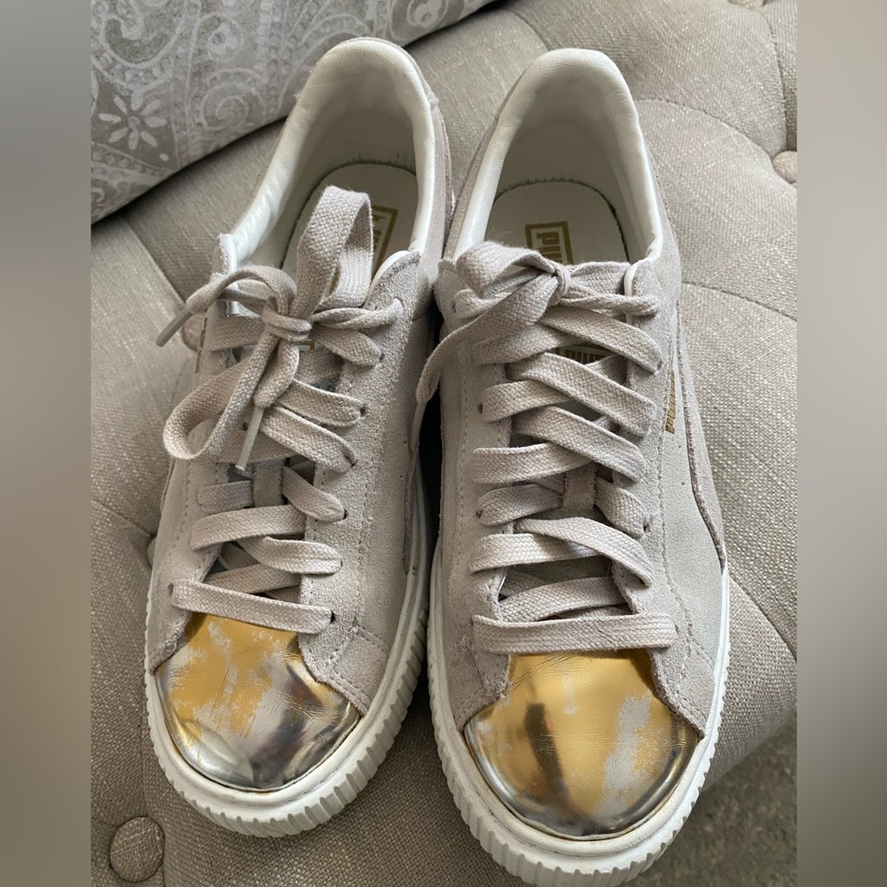 PUMA Suede Gold Silver Platforms White Star Women’s Sneakers